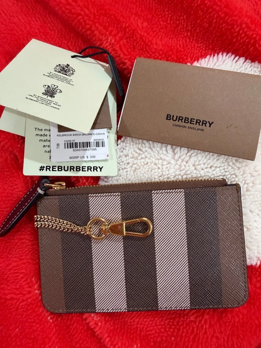 Burberry Brown and Beige Striped Leather Zip Pouch with Gold Hardware - Picture 2 of 5